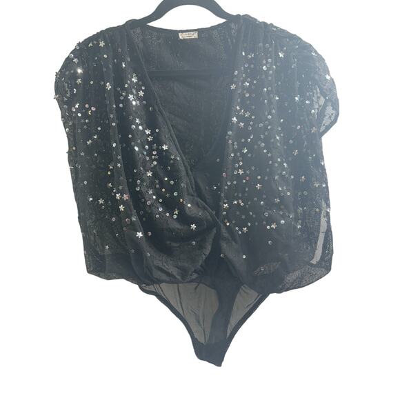 Free People‎ NWOT Women's Black Bodysuit Lace Sequins Size X-Small - Picture 2 of 4